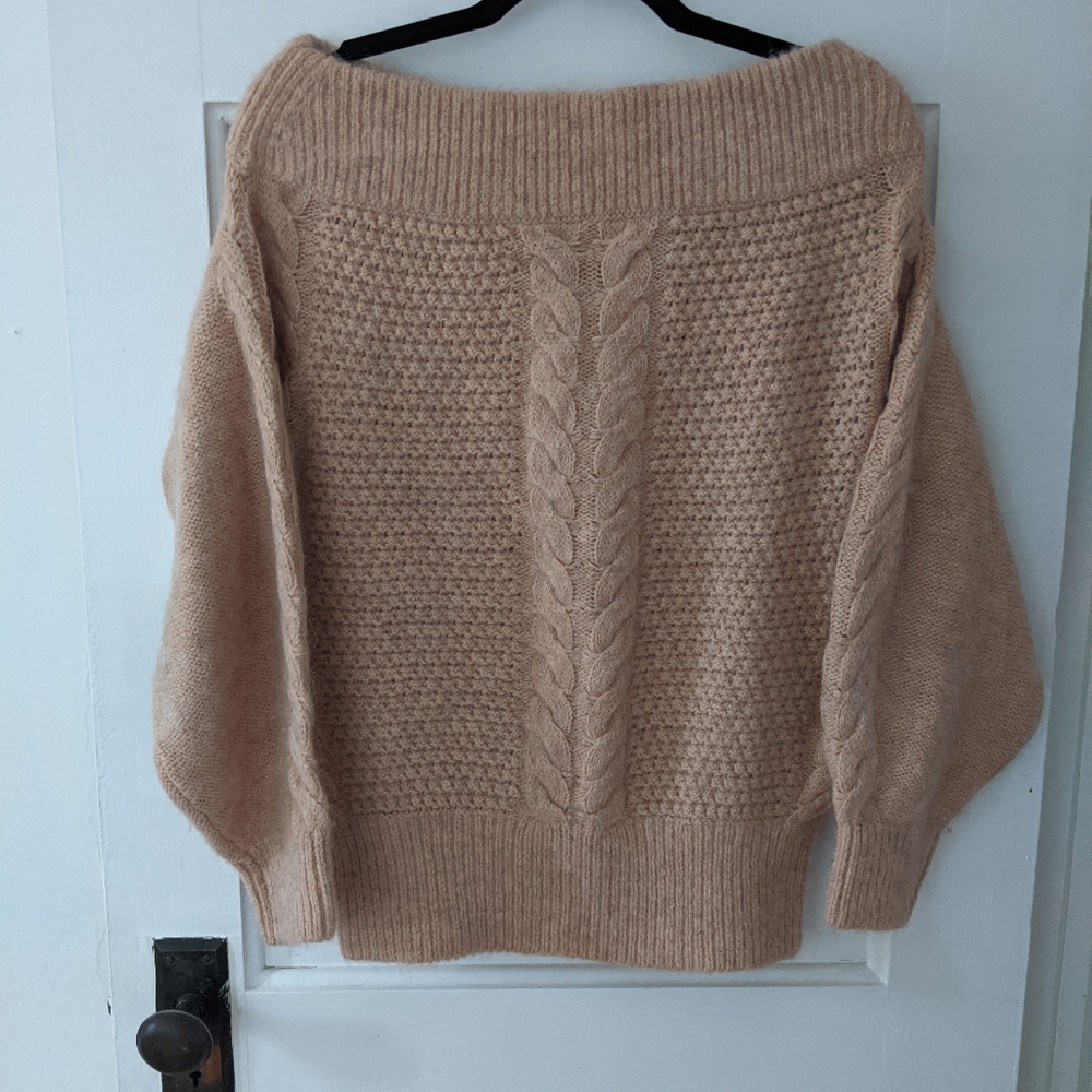Anthro x sleeping on snow pink off shoulder cable knit sweater